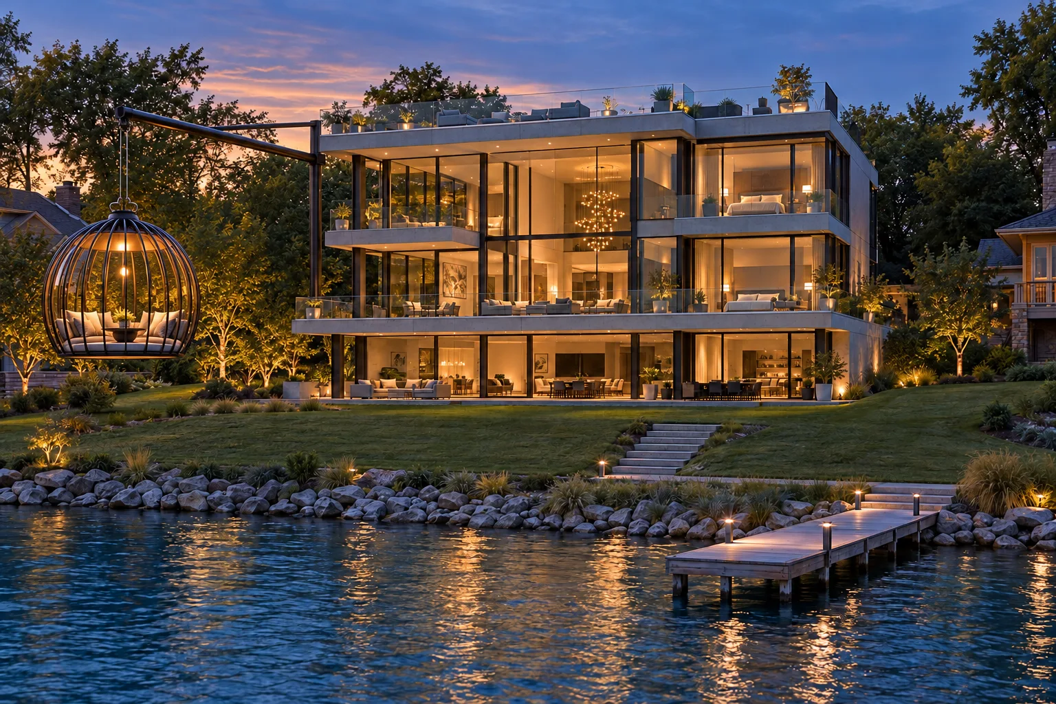 Glasswater Estate lake-facing architectural concept with concrete terraces and lake views